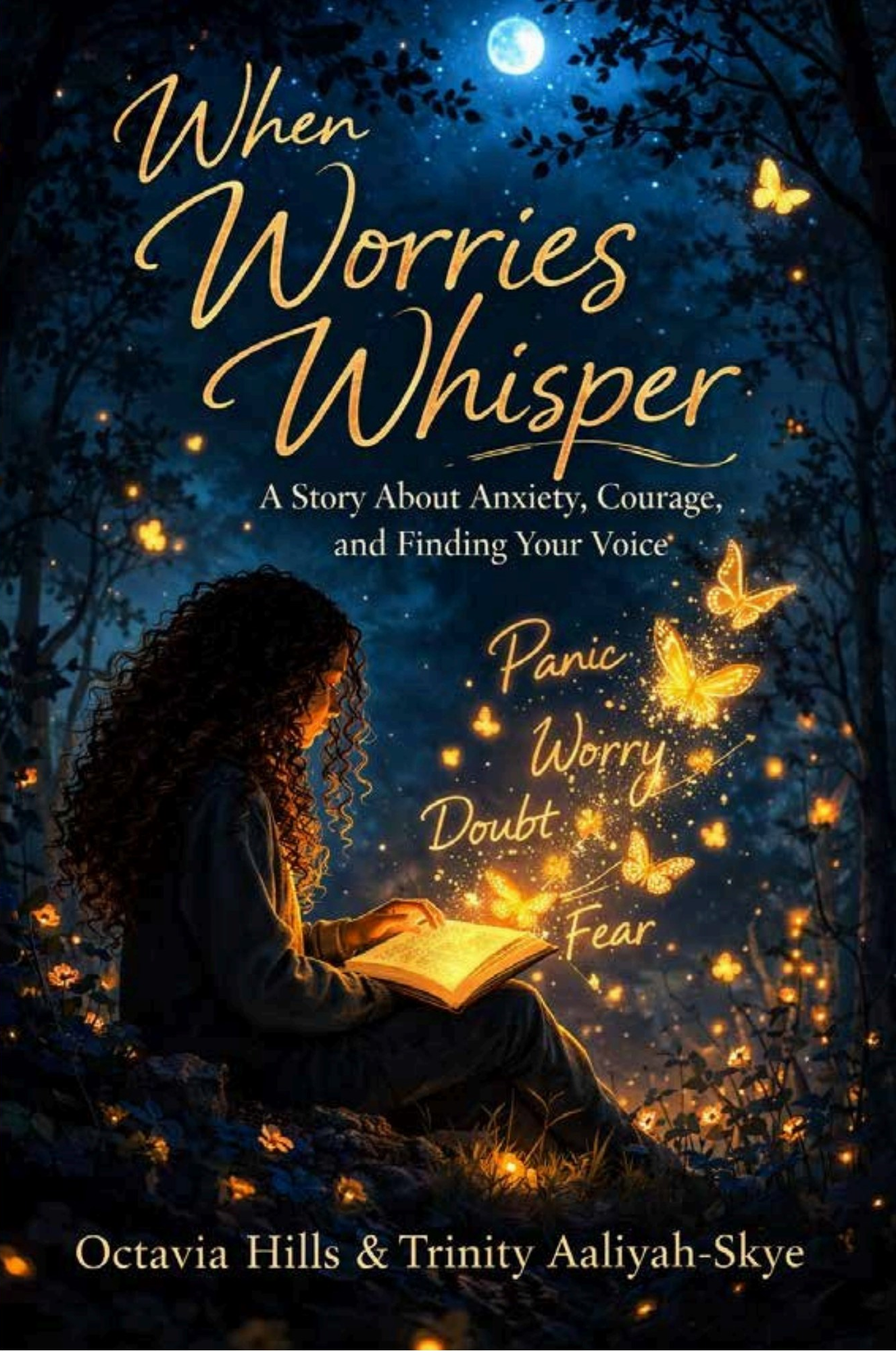 When Worries Whisper book cover — moonlit forest, glowing butterflies